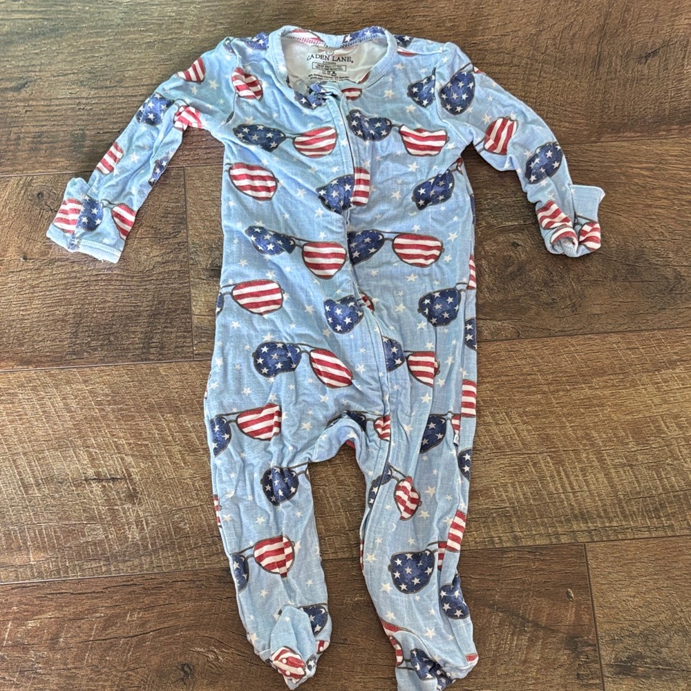 Caden Lane Light Blue Stars & American Flag Sumglasses Footed Pajamas